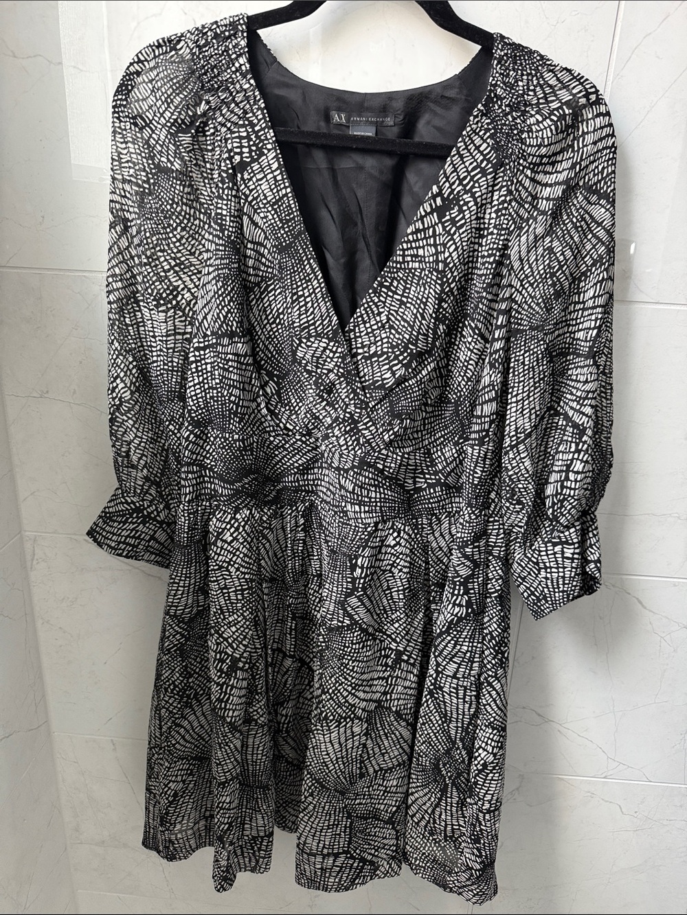 Armani Exchange Black and White Abstract-Print Long Sleeve Dress